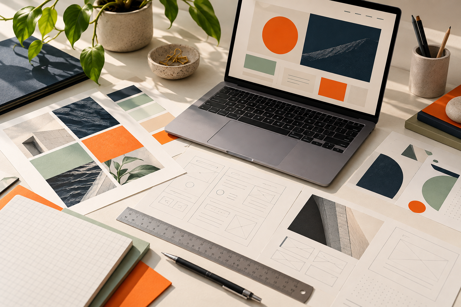 A web design workspace with a laptop, interface sketches, color studies, and creative tools